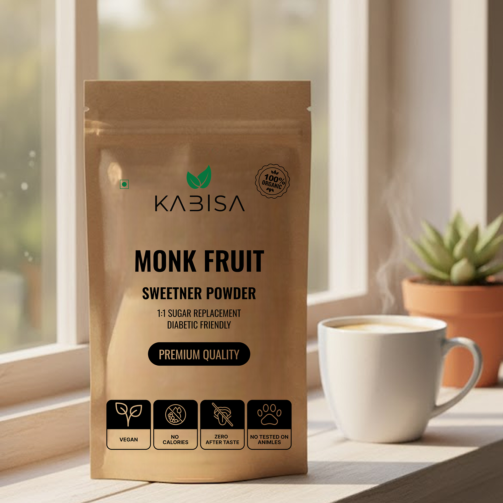 Kabisa Monk Fruit Sweetener Powder — 100% Organic Zero Calorie 1:1 Sugar Replacement, Diabetic Friendly