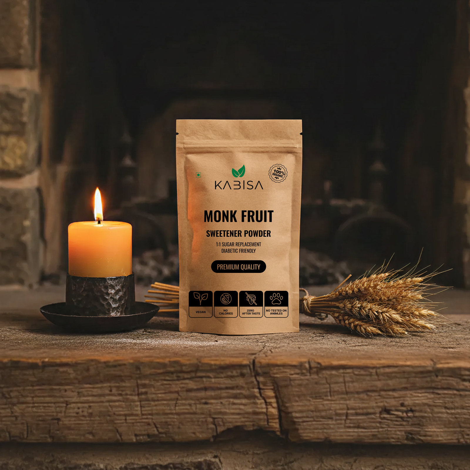 Kabisa Monk Fruit Sweetener Powder front pack — 100% Organic Zero Calorie Natural Sweetener